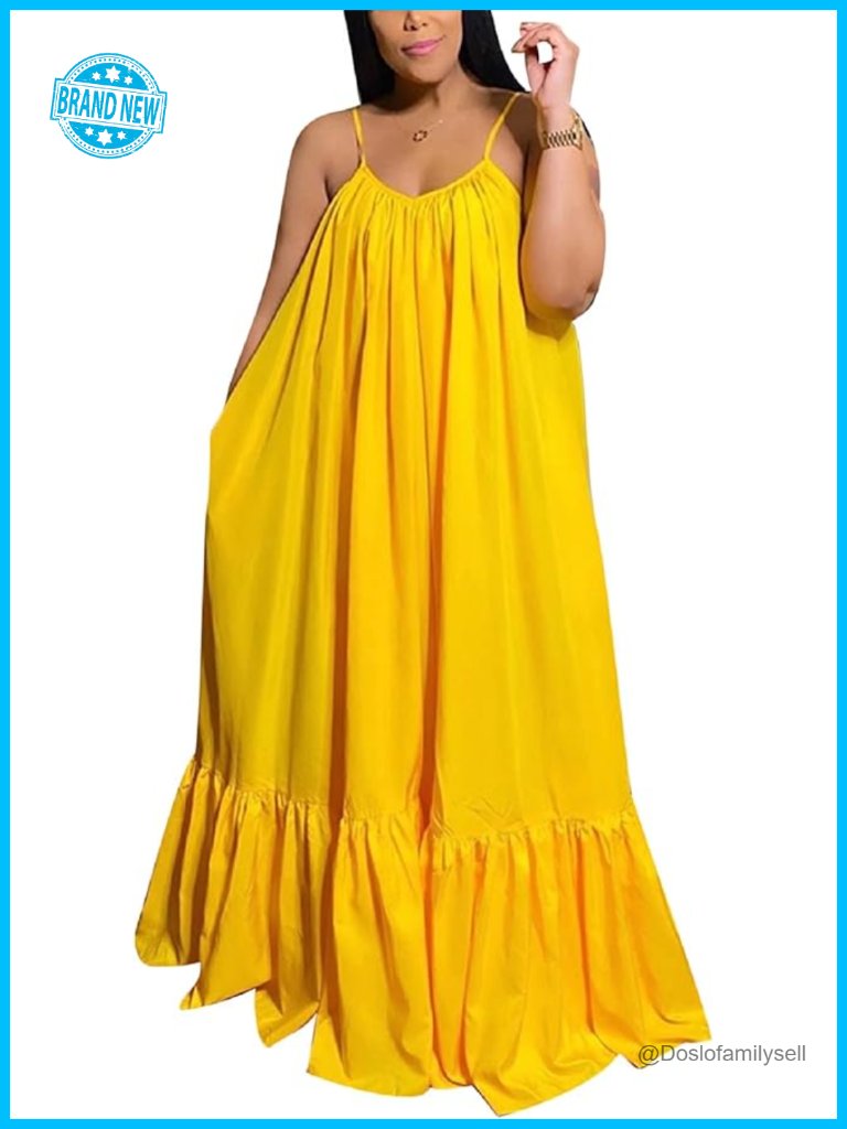 Sexy Spaghetti Strap Ruched Ruffle Hem Maxi Swing Dress With Pockets